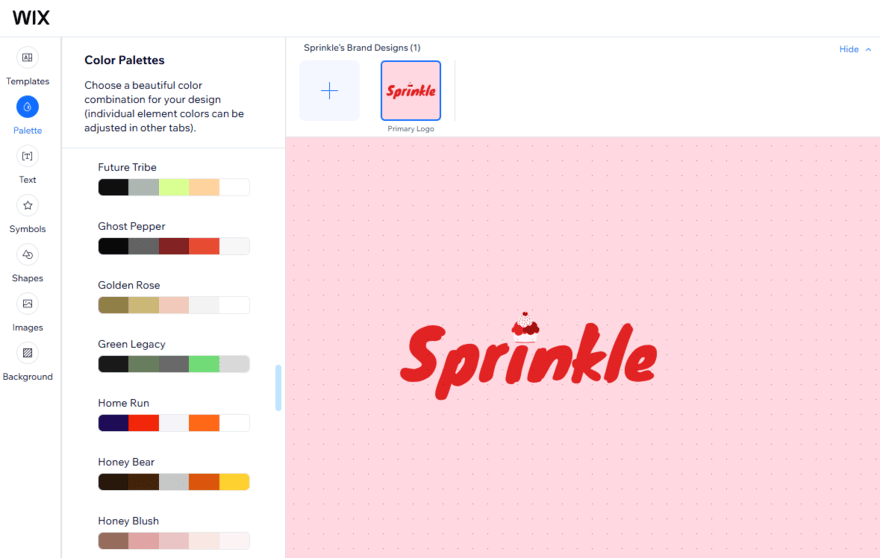 Wix's AI logo maker editor, showing different color scheme options