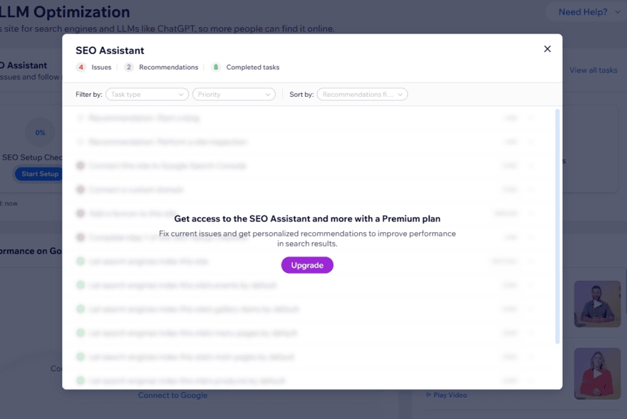 Wix AI SEO assistant asking the user to upgrade for access