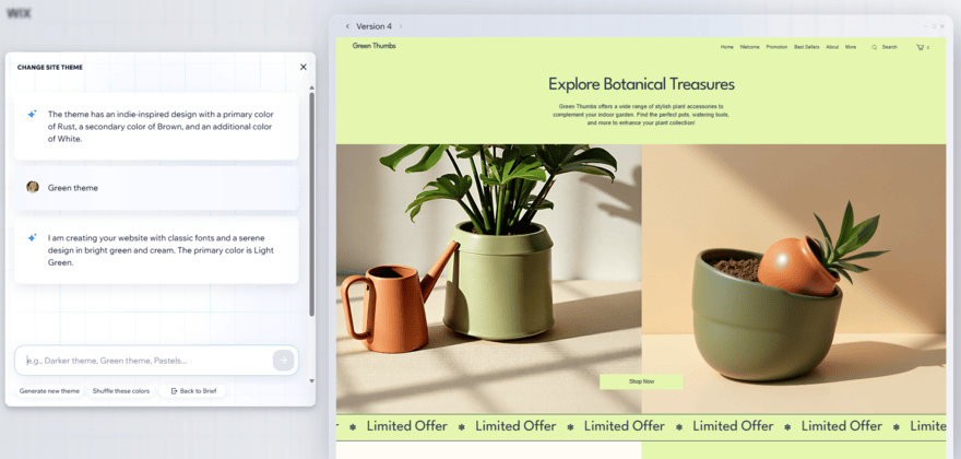 Wix's AI site theme designer generating a new theme based on my prompt
