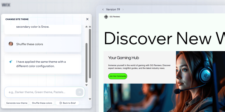 AI editor and chat for tweaking the site theme on Wix