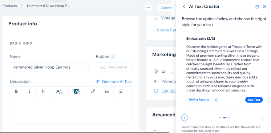 Wix AI text creator being used to generate product descriptions