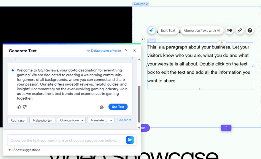 Wix's AI text creator generating "About us" content for a site