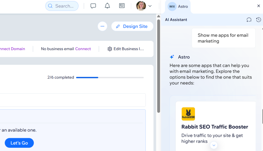Wix Astro offering email marketing app suggestions