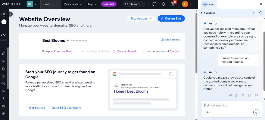 Screenshot of Wix Studio website overview for "Best Blooms," featuring domain management and an AI assistant chat interface.