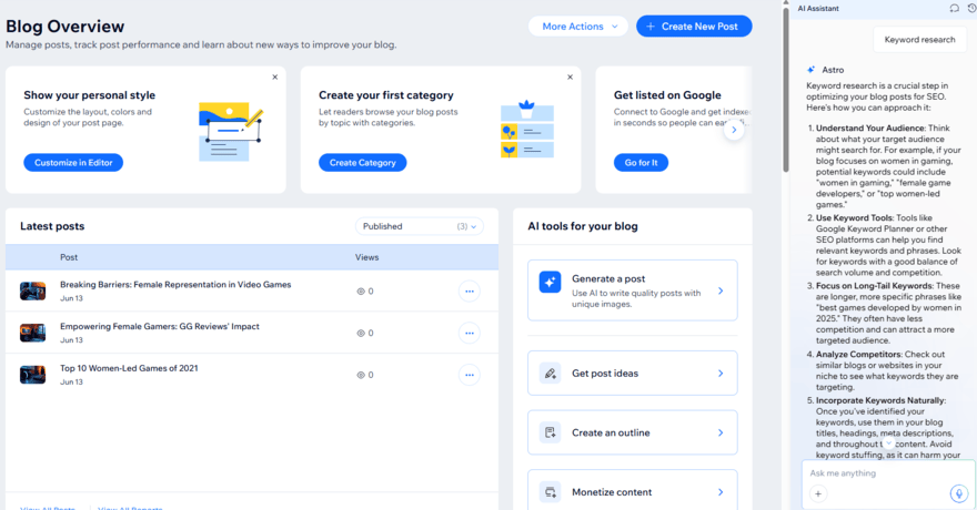 Wix Astro providing keyword research tips for my Wix blog