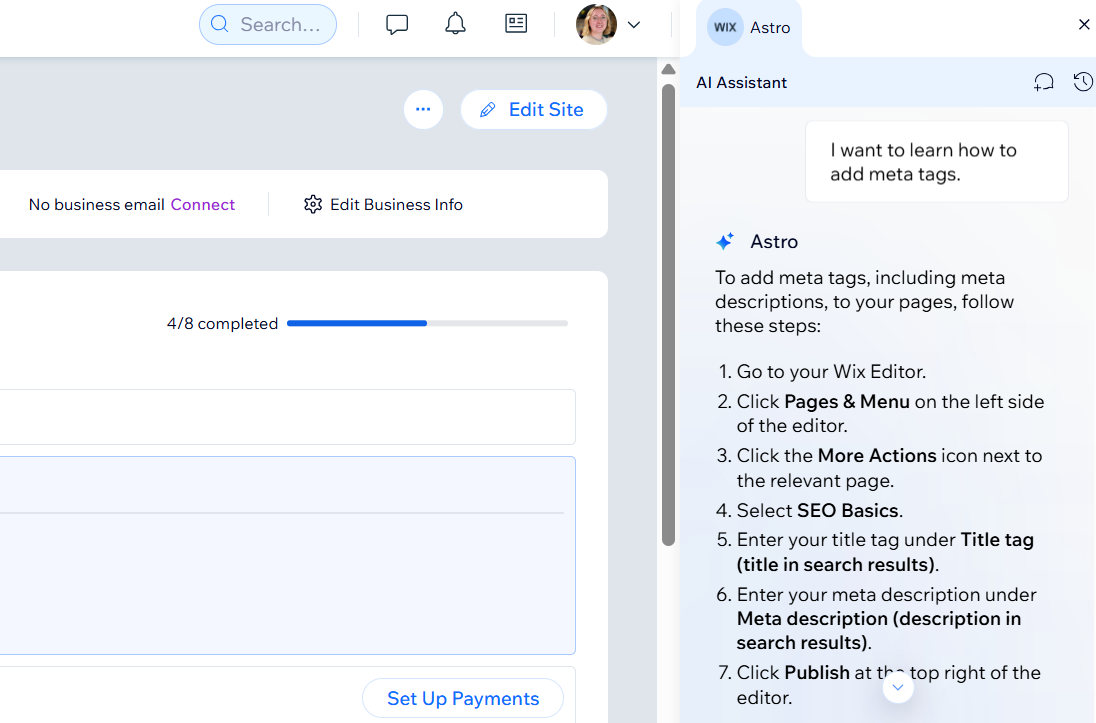 Wix Astro assistant in the dashboard, sharing advice on adding meta tags