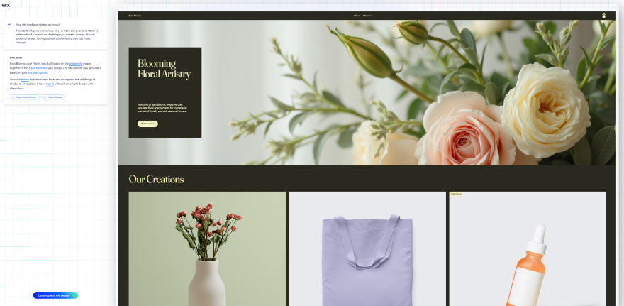 A floral artistry website featuring an elegant arrangement of roses and greenery, showcasing products below in a grid layout.
