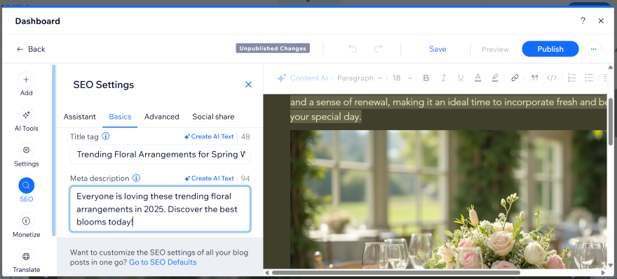 The Wix Website editor showcasing SEO settings such as AI generating meta data