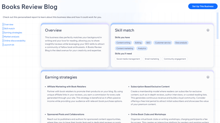 Wix's Business Launcher report based on my business idea