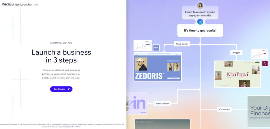 Wix Business Launcher homepage with a button to "Get started"