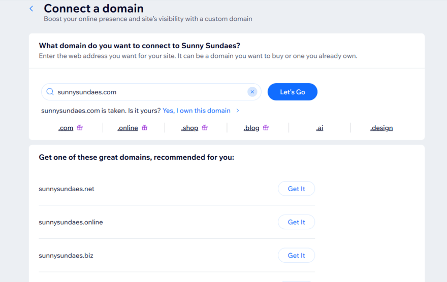 Page to connect your domain in Wix's dashboard showing domain availability