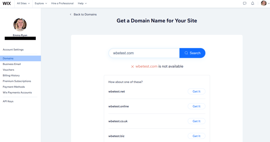 Domain name options in the Wix account