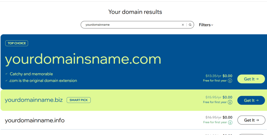 Domain results from Wix for the name "yourdomainname", showing different extensions and pricing