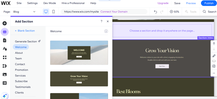 Screenshot of the Wix website editor showcasing the 'Add Section' panel with options for 'Welcome' and 'Grow Your Vision' templates.