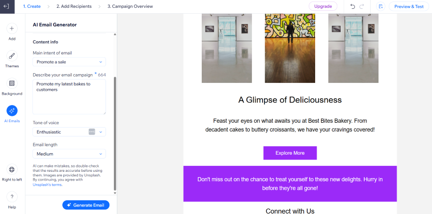 An email marketing template with photos and text copy the AI generator had created