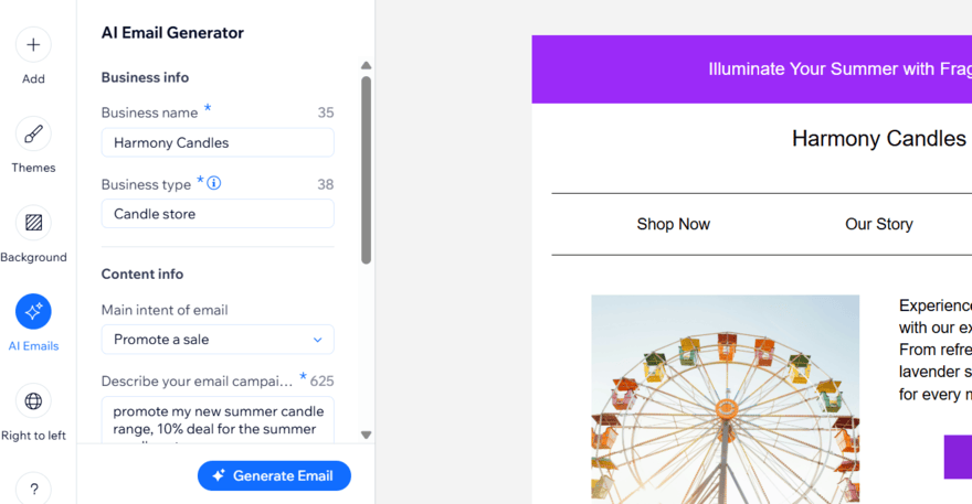 Wix's AI email generator creating a summer promotion campaign
