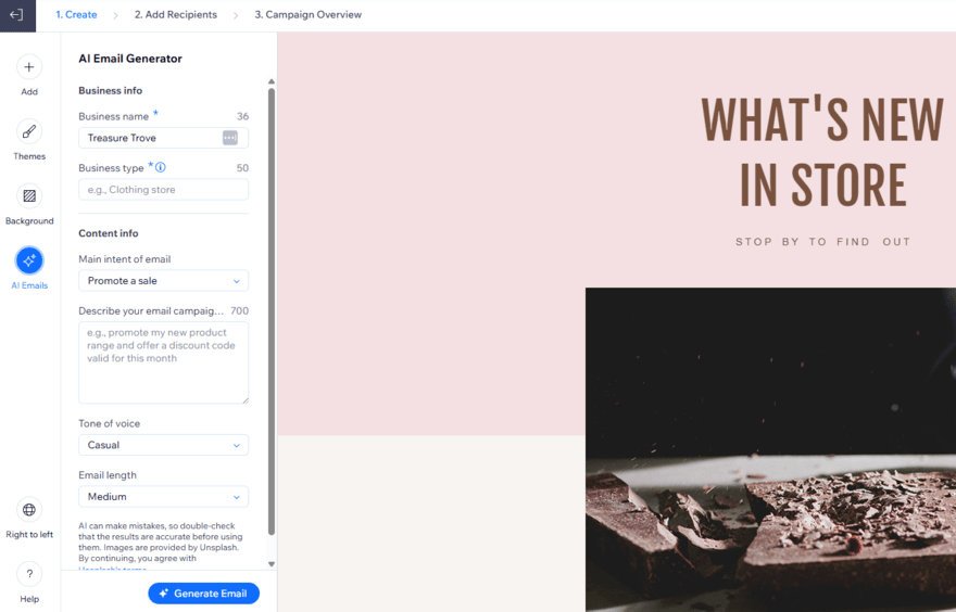 AI email generator tool in Wix's email marketing editor
