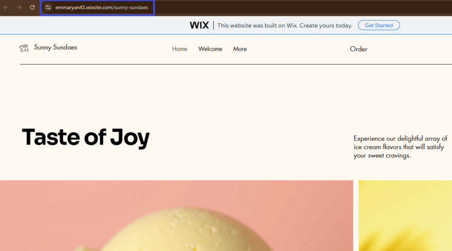 Wix free plan site showing a Wix-branded subdomain in the browser search bar