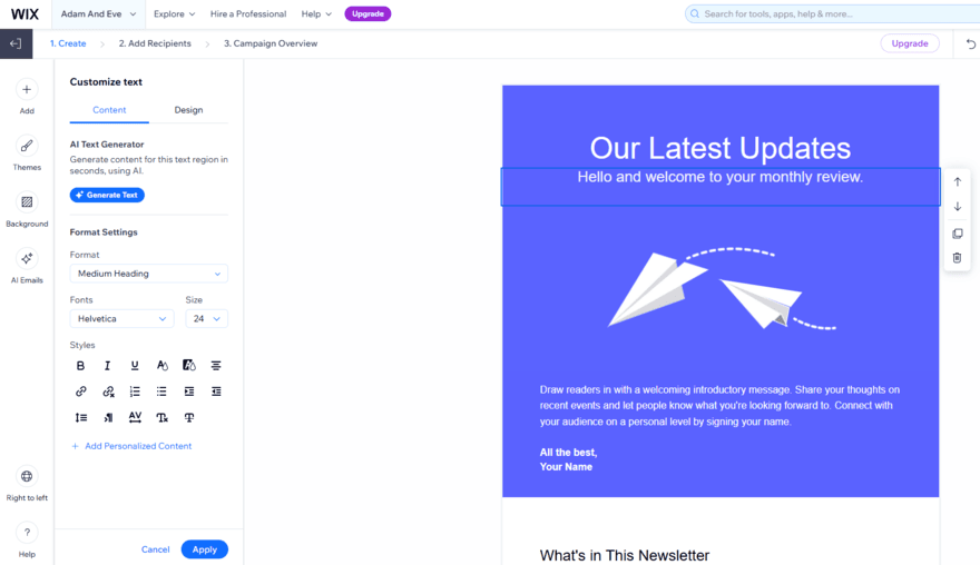 Wix's newsletter editor to share latest business updates