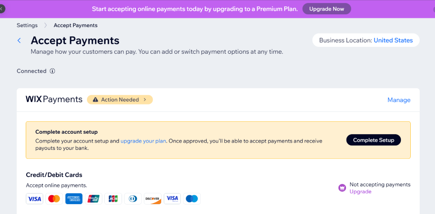 Wix Payments interface showing account setup instructions and credit/debit card options for online payments. Action needed message displayed.