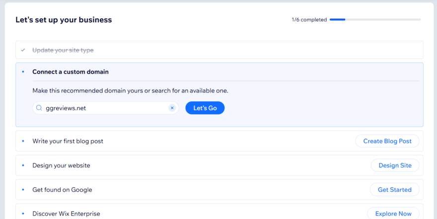 Wix personalized dashboard showing checklist for completing the setup process