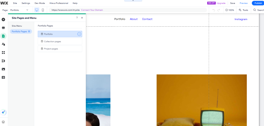 Wix website editor showing the portfolio page setup, with options for portfolio, collection, and project pages in the site menu.