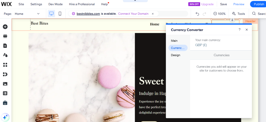 Screenshot of the Wix Editor when adding a currency via a element popup