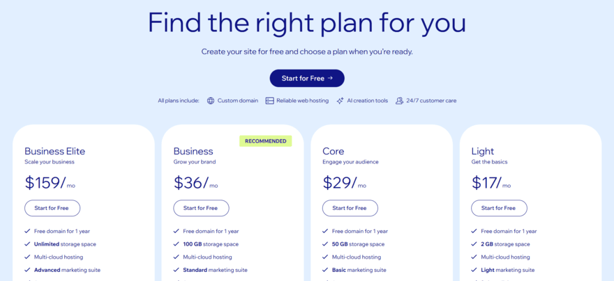 Wix's premium pricing plans