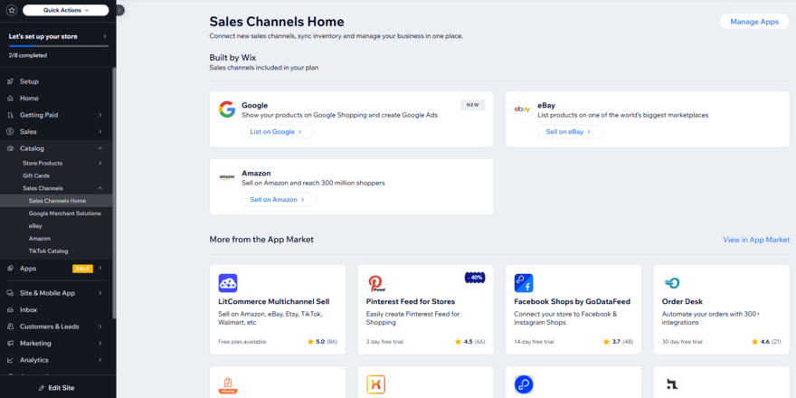 Wix dashboard showing the sales channel page to connect with other channels, like Amazon