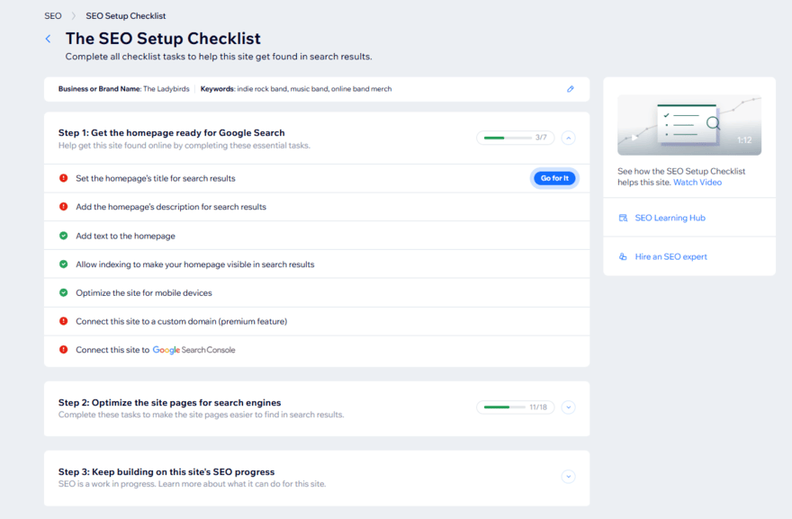 Wix's SEO setup checklist