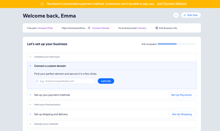 Wix website builder setup checklist with reminder to upgrade if you want to accept payments