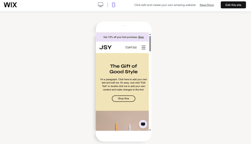 Mobile preview of a Wix template
