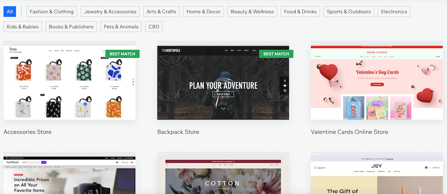 Wix&rsquo;s template page, showing six online store template examples.