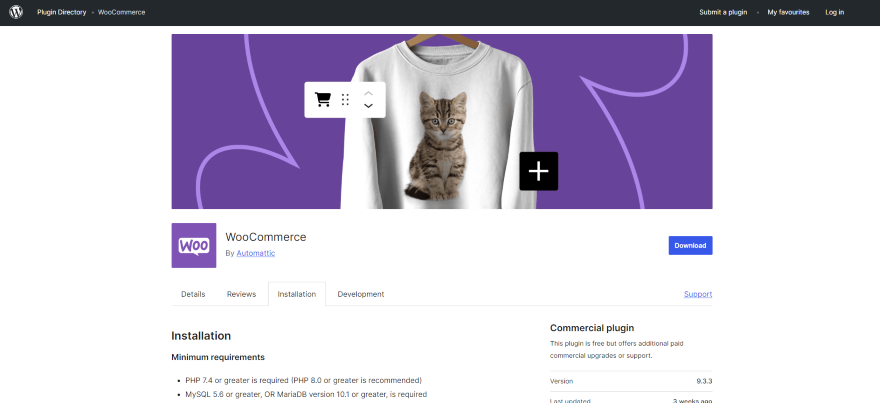 Screenshot of WooCommerce's app on WordPress' plugin directory