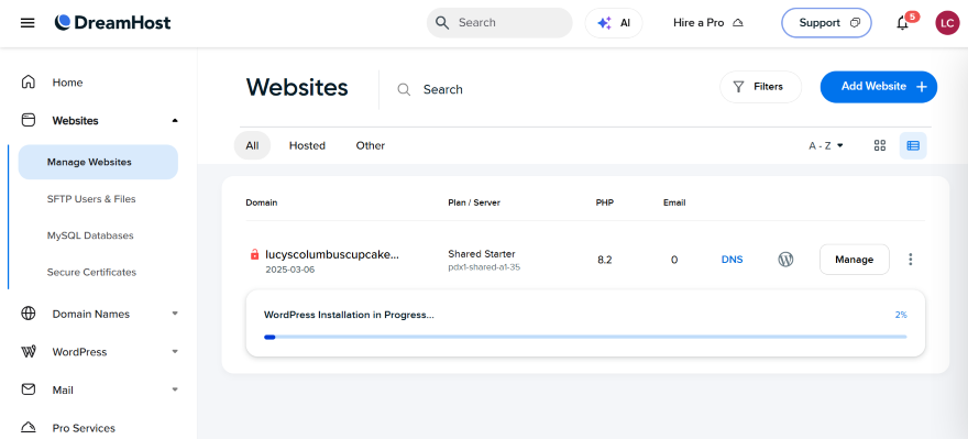 Screenshot of WordPress installation from DreamHost's dashboard